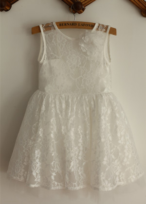 Ivory Lace Tulle Deep V Back Wedding Flower Girl Dress With Flower